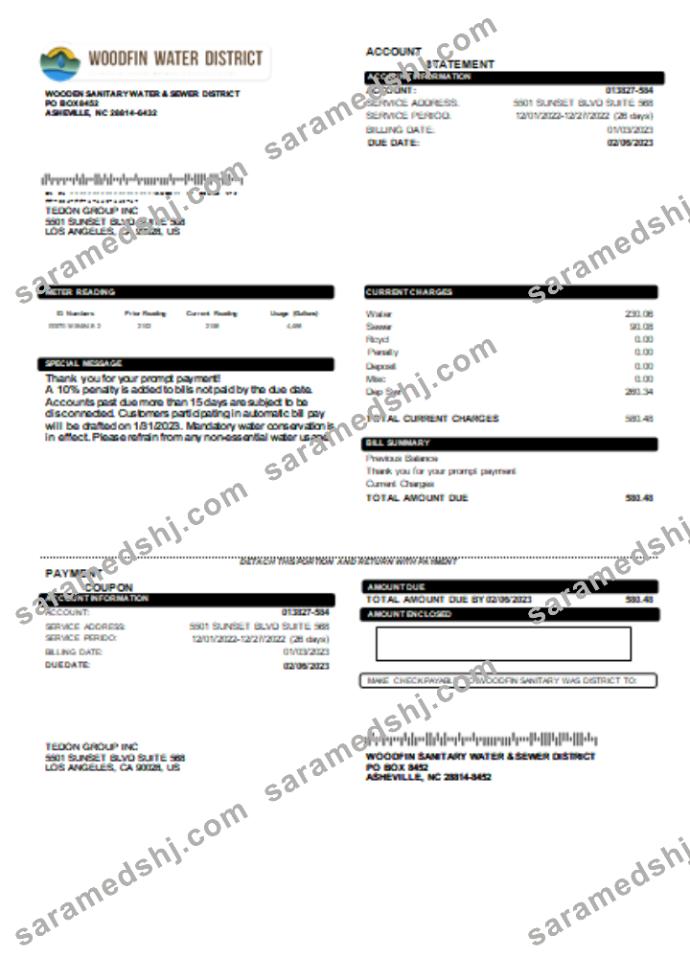 Woodfin Sanitary Water & Sewer District utility business bill, SCR